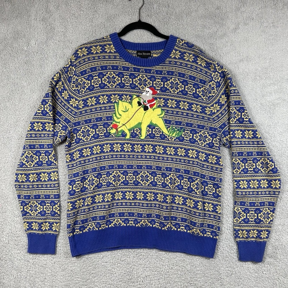 Alex Stevens Santa Dinosaur Ugly Sweater Size XL Long Sleeve Christmas Xmas Blue